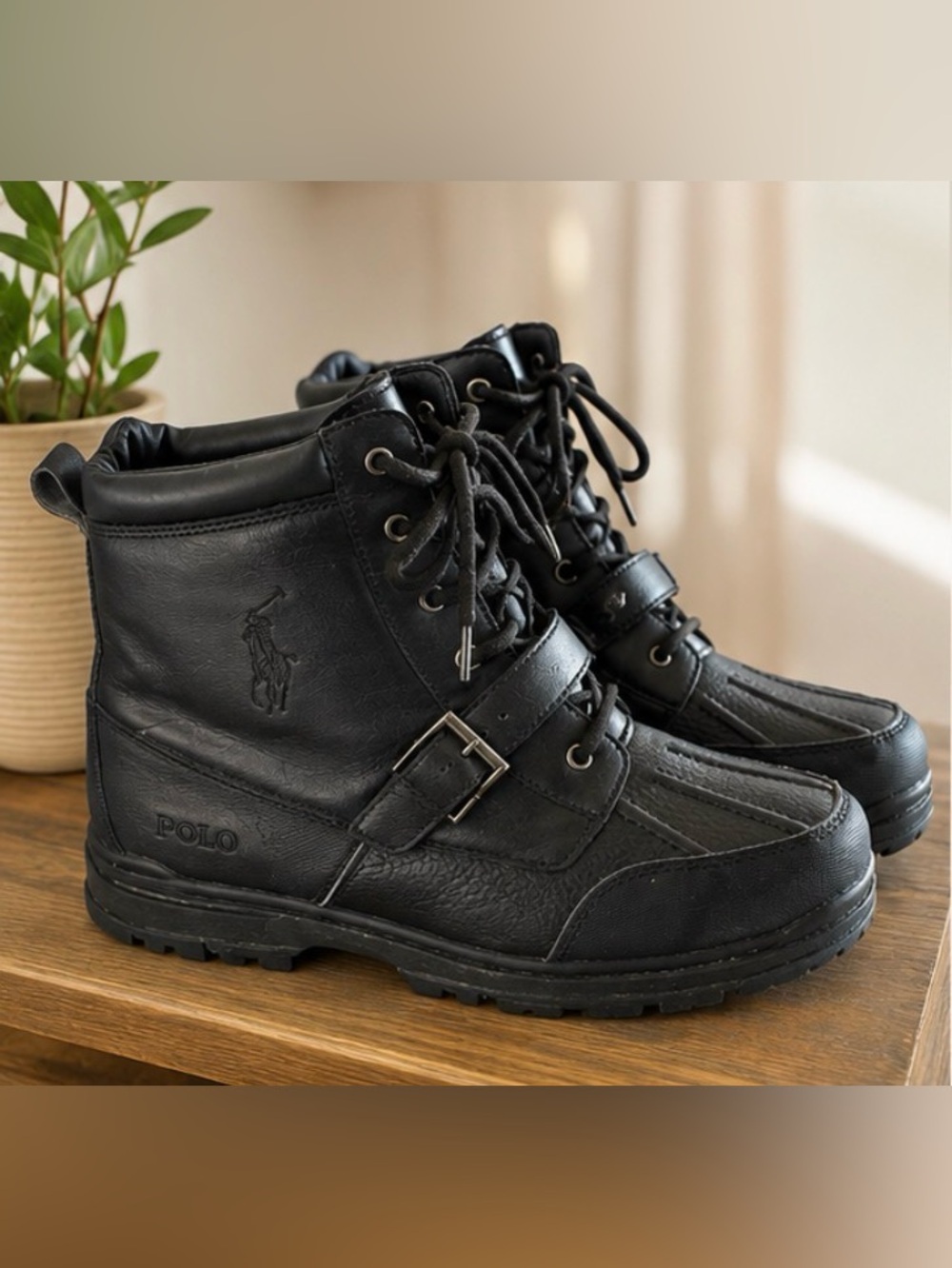 Polo by Ralph Lauren Black Leather Lace-Up Buckle Ankle Boots